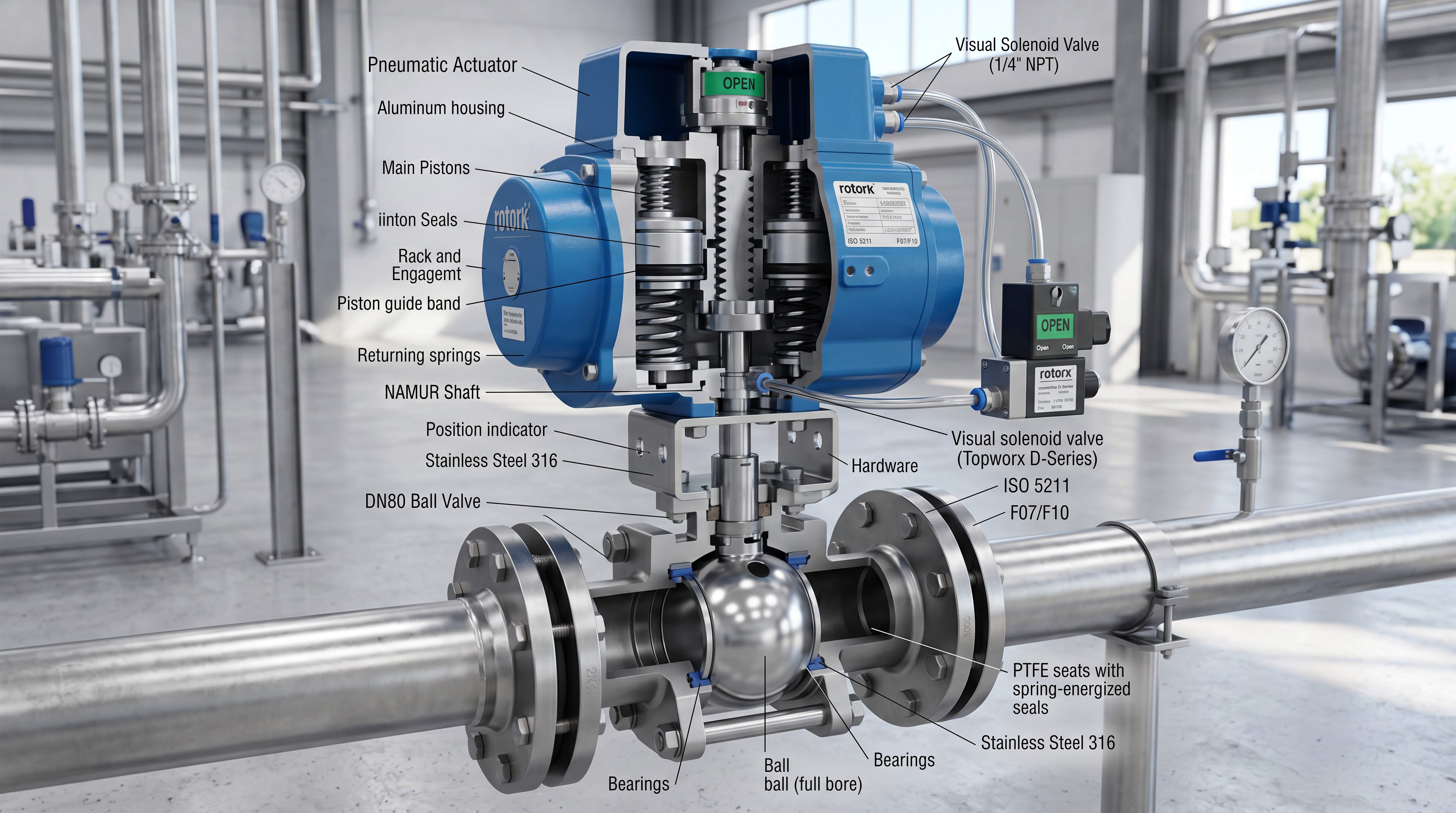 Pneumatic ball valve actuator cutaway showing rack and pinion mechanism returning springs ISO 5211 mounting and stainless steel ball valve assembly
